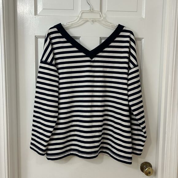 J. JILL FIT Sz L Striped Nautical Knit Navy Blue White‎ 3/4 Sleeve Double V Neck - Picture 2 of 4